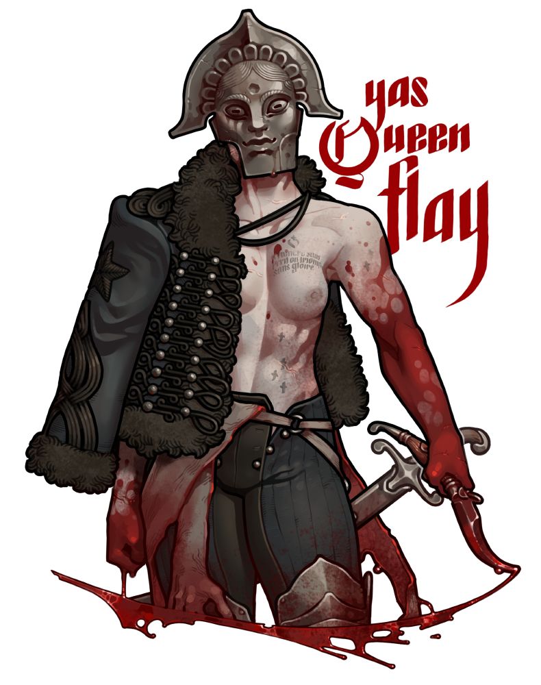 The French warband of a stigmatic nun, the voltigeur, wearing ribbed navy and black cavalry pants, armored at the knee and down, along with a navy and black hussar pelisse with a broad fur trim, and an iron maiden mask with a bullet indent into the forehead.
She is whipping out the blood off a folding knife into a small arc, while herself being covered in it and wearing human skin around her hips. Her skin is scarred and tattooed with crosses, as well as the French quote "by winning without peril you triumph with no glory".