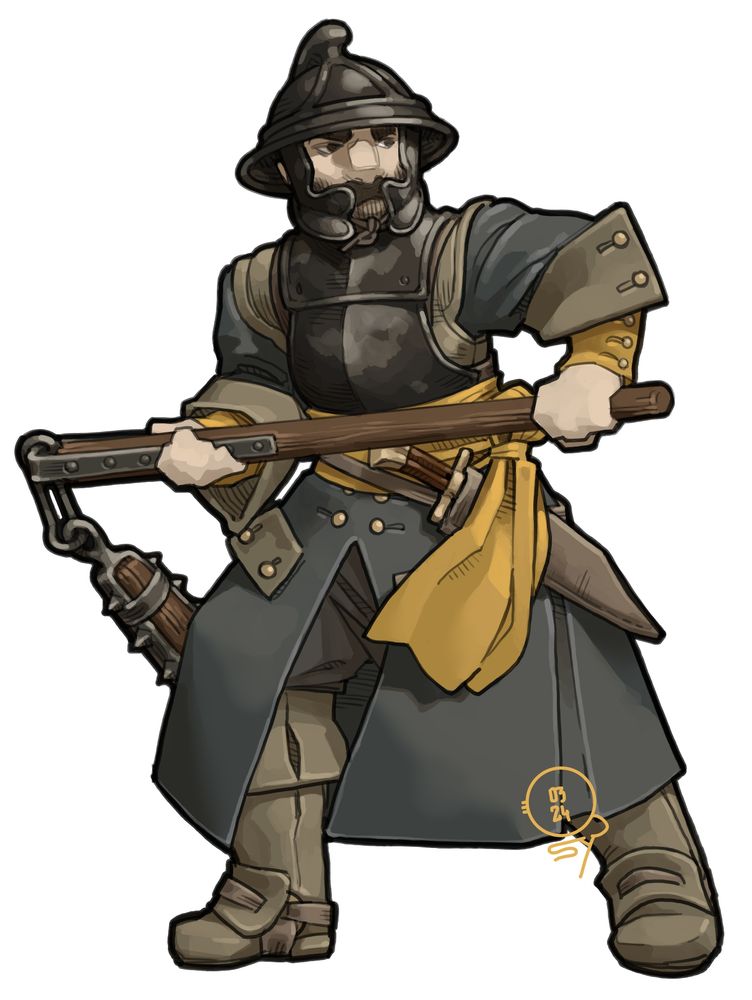 A picture of a Moussillonnais soldier armed with a large thresher flail, plus a messer on his belt. He is wearing blackened armor consisting of a breastplate, bevor and kettle hat with cheekpieces, on top of a tan and black buff coat, on top of a yellow doublet of which you can only see the sleeves and a matching sash. 