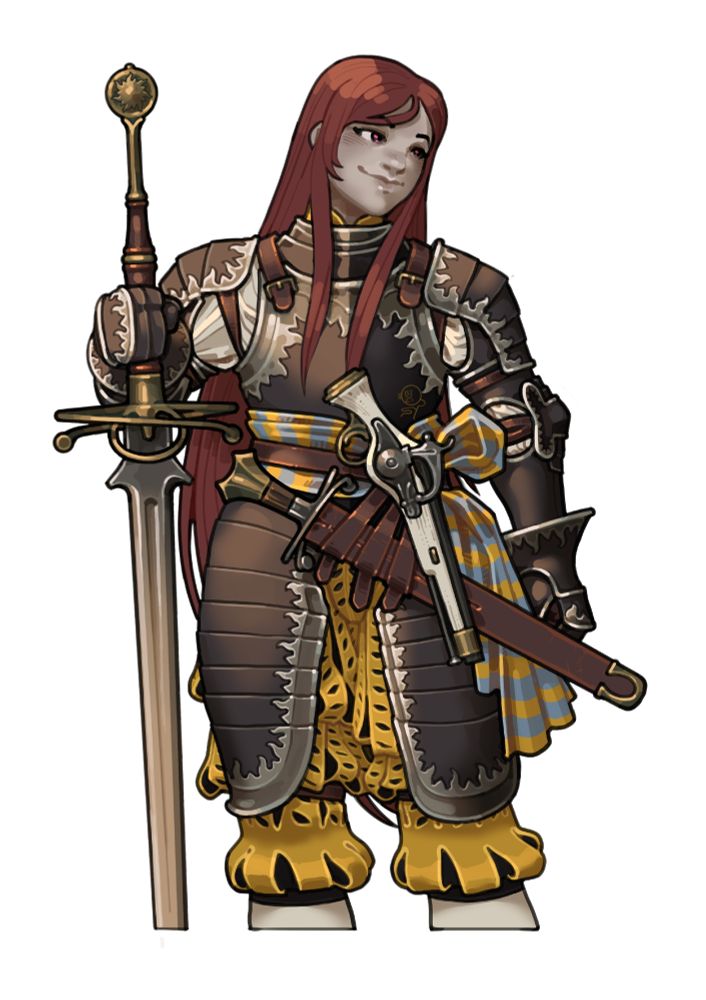 A picture of a female landsknecht character standing with a figure-8 hilt greatsword, with pale skin and long flowing auburn hair. She is wearing a three quarter Almain rivet armor made of blackened steel with bright polished flame edges, on top of a white blouse, bright yellow-over-black slashed fabric pants and white tights. On her waist is a striped yellow and sky blue sash on top of which sits a leather belt with a scabbard for her ketzbager, as well as an ivory handled wheellock pistol hooked directly onto it.