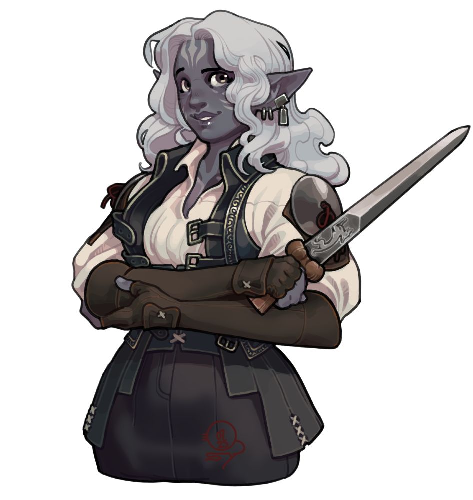 A picture of a dark elf with cold grey skin and long flowing white hair, wearing a dusty dark blue sleeveless jacket with silver trims and front facing buckles. Underneath she is wearing a matching bodice, dark breeches, and a white blouse fitted with leather and armor patches on the shoulders. She is crossing her arms wearing leather elbow-length gloves while holding a bollock dagger engraved with the image of a greyhound.