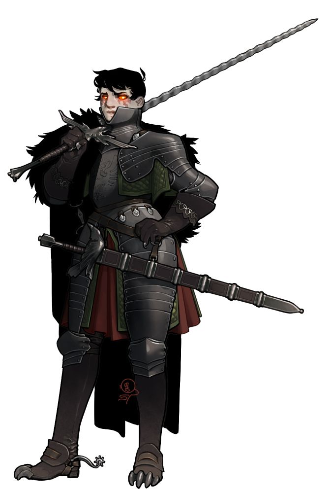 A picture of Corvia, the customer's character, a very tall woman with pale skin and messy short black hair. Her eyes are glowing red her face is streaked with burn scars around them. She is wearing full black three-quarter armor over a green padded doublet and red bases. Her long dark leather boots and gloves are fitted with metal talons, and she is wearing a raven feather cloak off the shoulder. She is carrying a slender flamberge greatsword with a raven hilt, and a similar longsword in its scabbard on her belt.