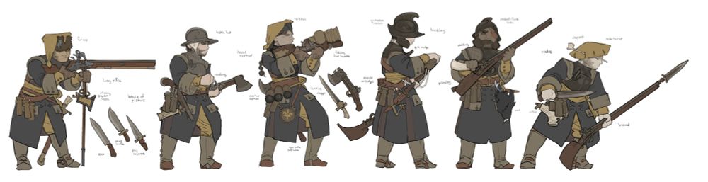 Five Moussillon handgunners or musketeers. The last three are using late 17th century firelocks, they're shown reloading or standing ready to receive a charge with a plug bayonet in the muzzle of their gun. They are all lightly armored with a breastplate over their dark blue uniform, with wooden powder measures all across their belts and baldrics and some kind of sidearm.
The first handgunner is holding a tschinke, a rifled fowling piece of the era. He is aiming it from a fork rest and is wearing a busby hat.
The second handgunner is reloading a pistol-axe hybrid, with more pistols strapped to his belt. He is wearing a kettle hat.
The third handgunner is bracing herself aiming up with a hand mortar, with her belt loaded with grenades and an arming axe. She is also wearing a busby.