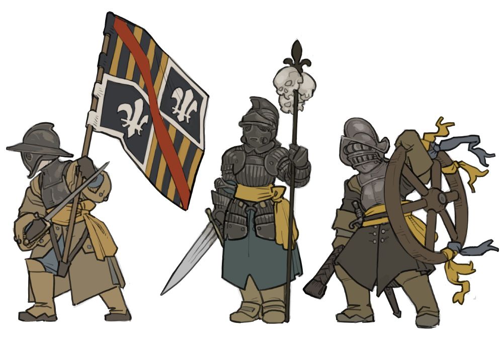 Three Moussillon standard bearers. The first one is lightly armored over a buffe coat, he's holding a hanger in his right hand and a large flag in his left showing the coat of arm of his duke.
The second one is standing at attention in a set of three quarter fluted plate armor, topped with a savoyard burgonet. He's holding a broad arming sword in his right hand and a wrought iron spike in his left, adorned with the skulls of dead vampires.
The third one is holding a breaking wheel instead of a flag, decorated with ribbons like a maypole. He's holding a blackjack in his right hand and is wearing light armor over a buffe coat like the first soldier. His helmet is a morion fitted with a falling buffe.