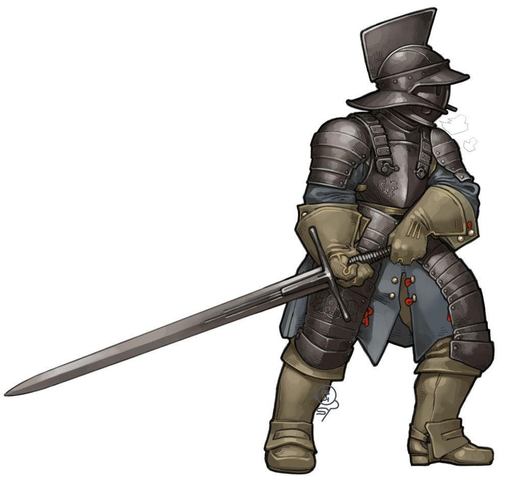 A Moussillonnais man-at-arms wielding a greatsword. He is wearing a demi armor decorated with a few engravings of momento mori and fleurdelis, topped with a murmillo type helmet with a secutor face plate. He is also wearing a dusty blue coat with buff leather gloves and boots.
