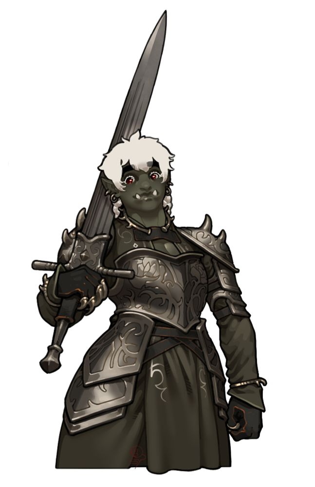A picture of a big tomboy orc with dark grey skin and short white hair braided in the back into to long trails; she has red eyes and lil tusks that actually impact the shape of her mouth instead of looking glued on the way lame coward cunts draw them. She is wearing a largely fantastical armor made of thick polished steel embossed with rose and thorn patterns which repeats itself on her sword's hilt and her cloth's embroidery. It is made up of corset looking back and breastplate, overlapping thigh guards and overlapping upper arm guards, and two round spiked plates acting as spaulders. It's not historical and her cleavage is exposed but at least she can move in it. She is wearing that over a dark grey long sleeve dress and clawed leather gloves. The claws match her jewelry, including earrings, bracelets and a torque, in being made of a brass looking metal and spikey. She is nonchalantly holding her greatsword onto her shoulder, a big mean looking thing with a straight wide and quadruple fullered blade.