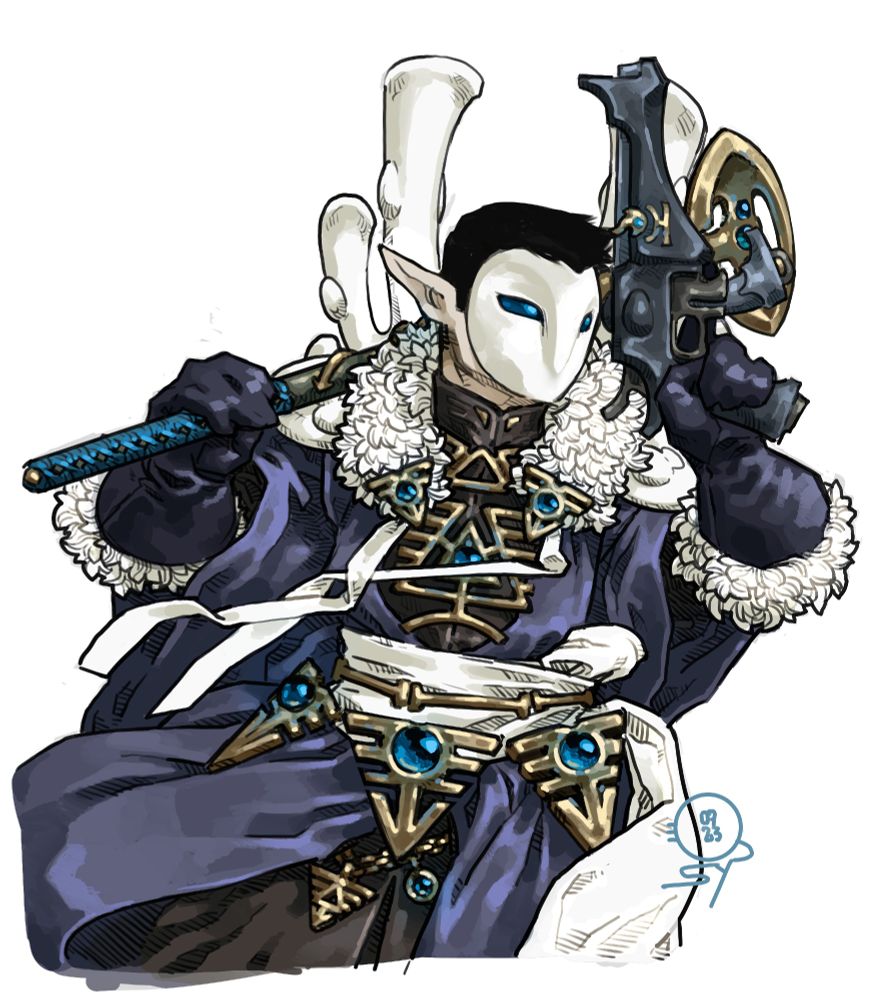 An Eldar seer wearing purple robes trimmed with white fur, holding a shuriken pistol and a force mace.