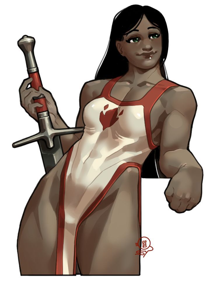 A picture of a dark skinned woman with long black hair leaning back with a greatsword in her right hand. She is very fit and wearing nothing but a Scarlet Crusade scapular from World of Warcraft which hugs her form better than warm shrinkwrap.