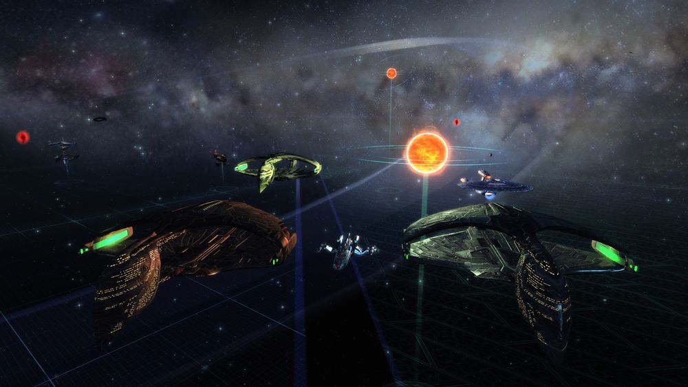 Three Romulan warbirds being escorted through Federation space by an Andorian imperial cruiser and a Federation dreadnaught