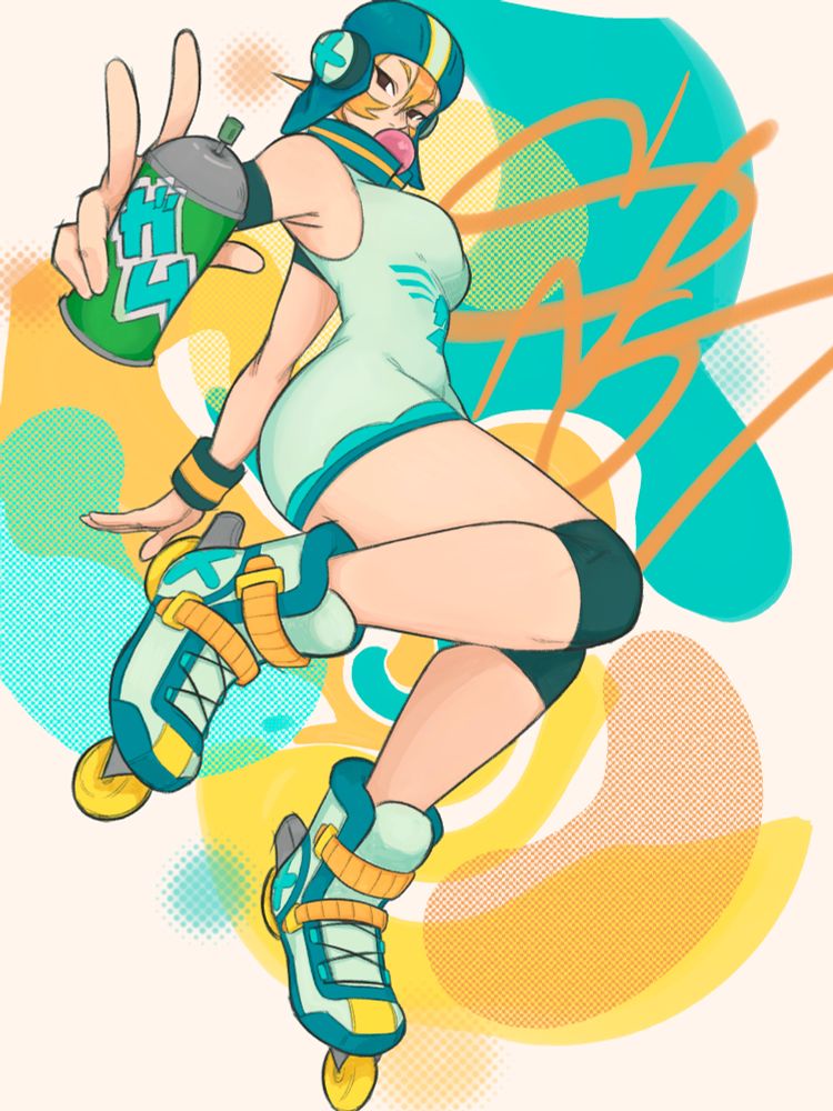 Gum from jet set radio in a floating/jumping pose with her right arm back and the left holding a spray can with her tag towards the viewer. The background has various splotches of orange, yellow, and teal. 