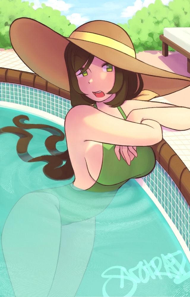 drawing of tazuna hayakawa from umamusume: pretty derby. shes relaxing in the pool with her arms resting on the side. shes wearing a lime green swimsuit and sunhat with a yellow ribbon. 