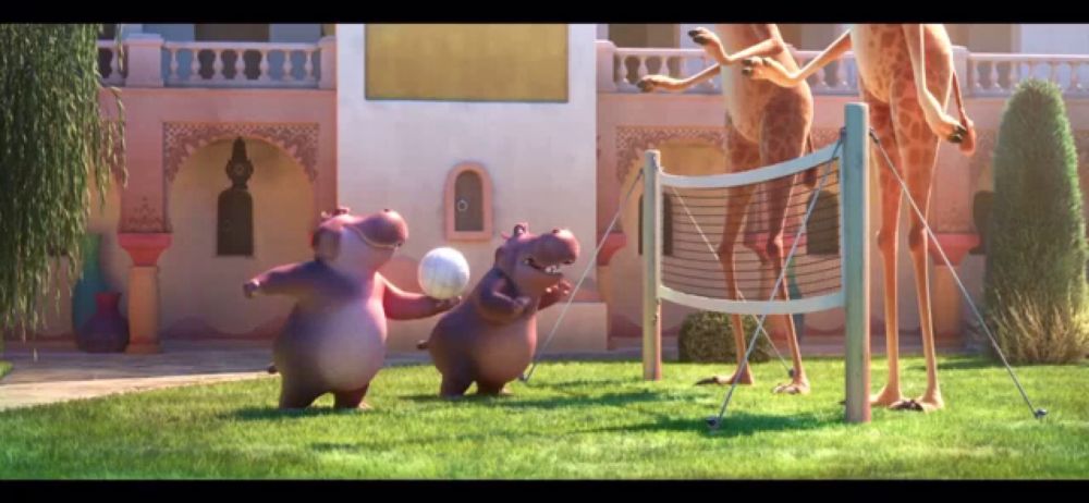 a group of cartoon animals are playing volleyball