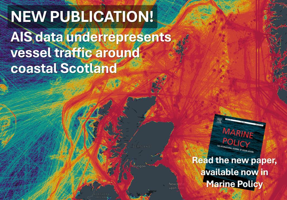 A map of Scotland and the North Atlantic, showing density of vessel tracking data (also known as AIS data), which highlights areas in red where there are a lot of AIS vessels and blue where there are less. The map shows coastal Scottish waters are very busy (i.e. coloured red) with AIS traffic.