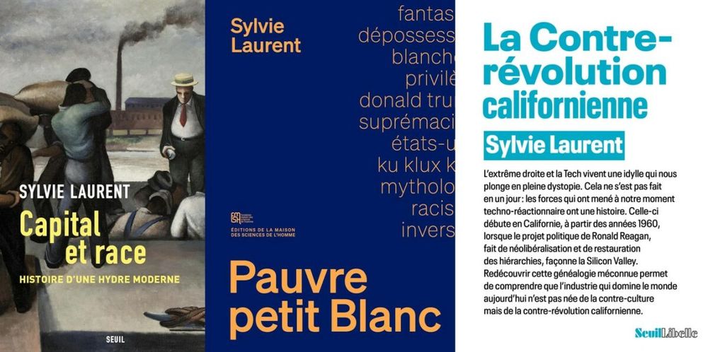 Couverture de trois ouvrages de Sylvie Laurent : "Capital et race", "Pauvre petit blanc", "La contre-révolution californienne".