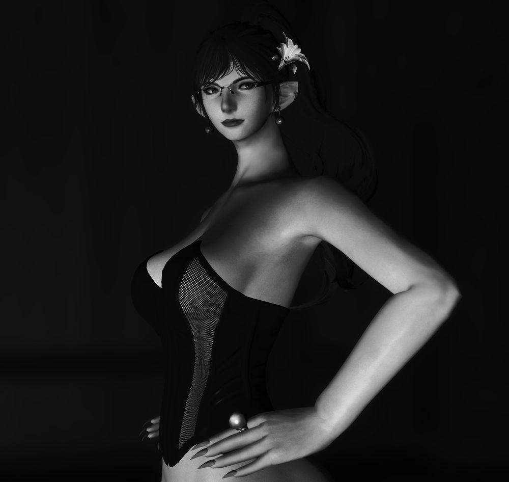 A black and white of Bayonetta in a black corset with mesh inserts, hands on hips proudly displaying what is cropped out of view 🤭🤭