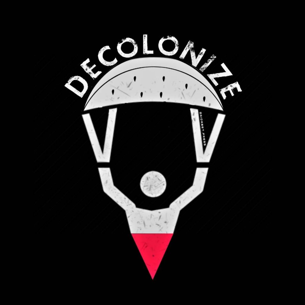 A stick figure with a red triangle lower half paragliding with a watermelon slice pattered parachute. Text at the top reads "Decolonize"
