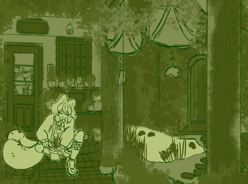 green gif depicting a character in their garden