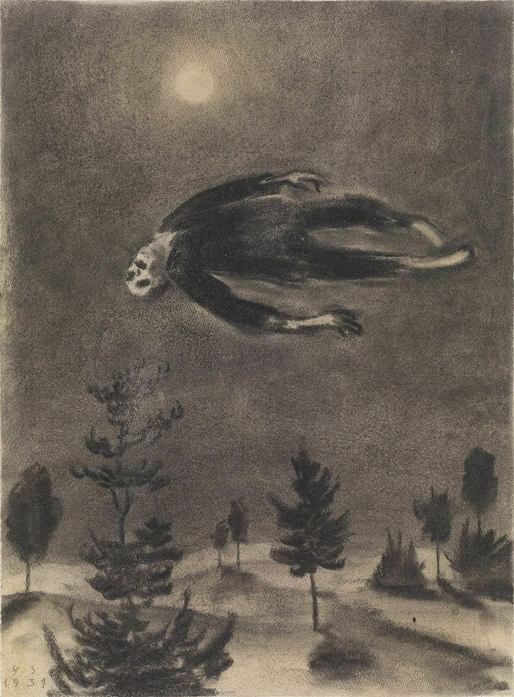 Artwork of a human figure wearing tattered clothes and with empty sightless eyes drifting above a landscape of scrawny scattered pine trees