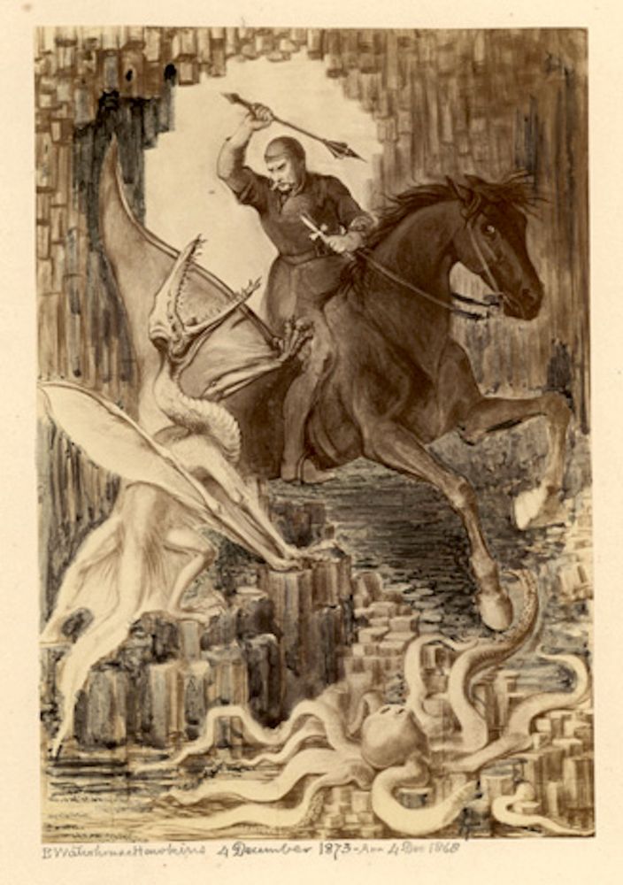 An old monochrome painting of a knight, Saint George, mounted on a horse about to clout a nearby pterosaur on the head with a mace. The setting is Fingal's Cave on the island of Staffa in Scotland, with columnar basalt all around. For some reason an octopus beneath the horse also appears to be aiding the pterosaur in its fight.