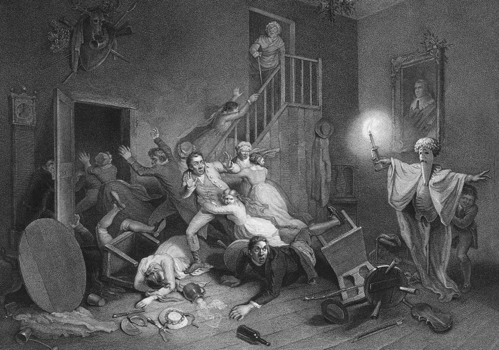 Line drawing of a room full of people in uproar, falling over each other, and running to escape through a door and up some stairs from a sheet-shrouded apparition on the right holding a candle. Behind the being a boy can be seen holding it up on a wooden pole.