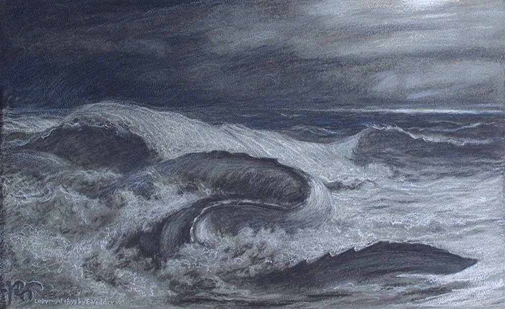 Art of an ocean with large waves and a moody sky, and moving through the waves is a long serpentine animal with a crest along the back