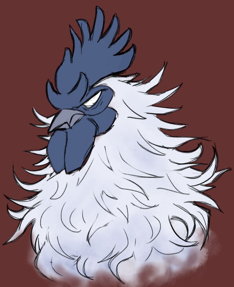 A headshot of an angry-looking rooster with long, puffed-up white feathers, blue waddles & comb, the latter having two small horn-like protrusions in the front, a grey-blue beak, with a little fang, & fully white eyes. 
(Kazan Yamaoka / The Oni from Dead by Daylight as a chicken.)