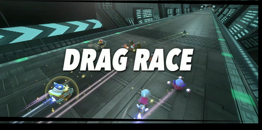 Kirby Air Riders screenshot with DRAG RACE in title in the middle
