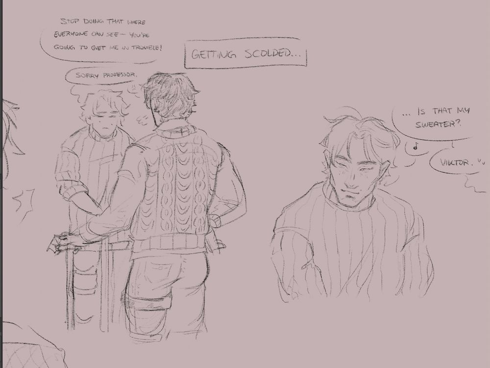 drawing on the left is viktor getting scolded by jayce. viktor is slightly hunched over and holding his cane in two hands to look apologetic. jayce has his right hand on his hip and the other one is holding his cane. viktor looks mopey and jayce is huffing. jayce: 