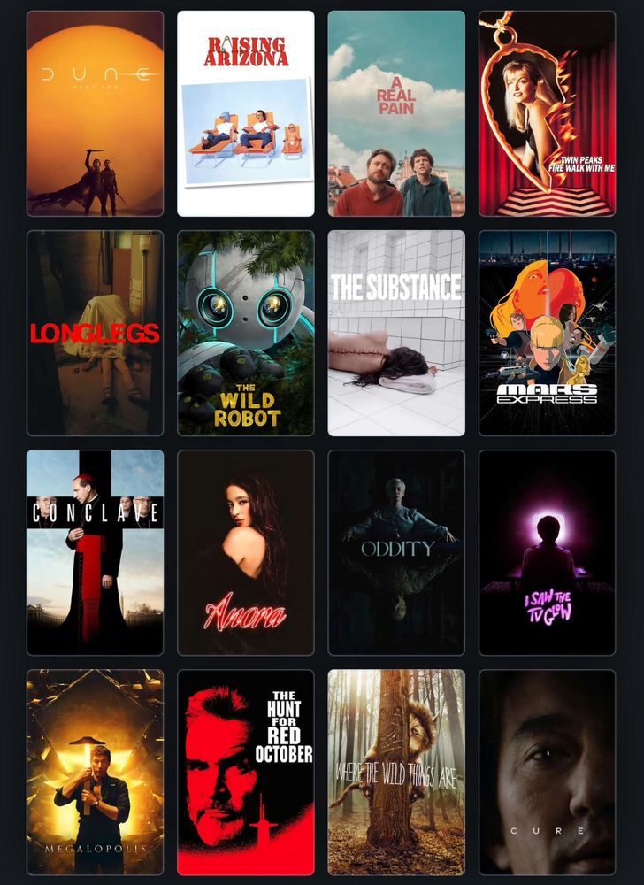 Dune 2, raising Arizona, a real pain, fire walk with me, long legs, wild robot, the substance, mars express, conclave, anora, the oddity, I saw the tv glow, megalopolis, the hunt for the red October, where the wild things are, cure