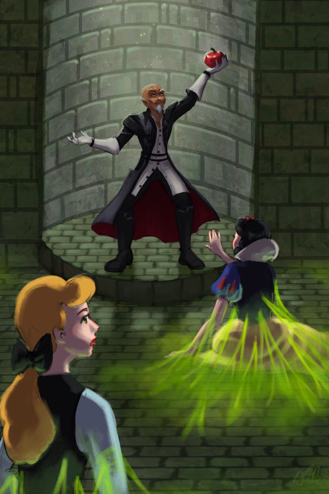 A digital painting of a greenish and spooky castle interior, something like Maleficent’s castle. Old Xehanort stands on a pedestal, illuminated by a beam of light, raising the apple (still the poisoned one) aloft. Snow White is on the floor in front of him, reaching out but restrained by green goo. Cinderella is watching as well, but her reaction is unreadable. 