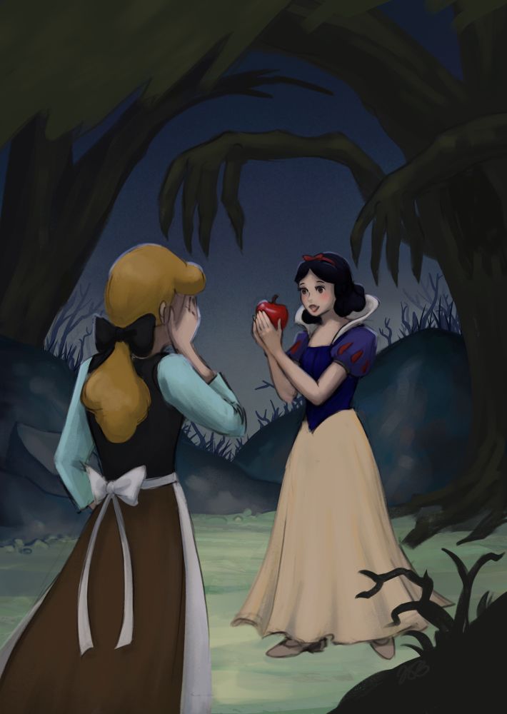 A digital painting of Snow White and Cinderella in Snow White’s spooky forest. Snow White is holding up a bright red (poison) apple and Cinderella has her head on her hand, despairingly. 