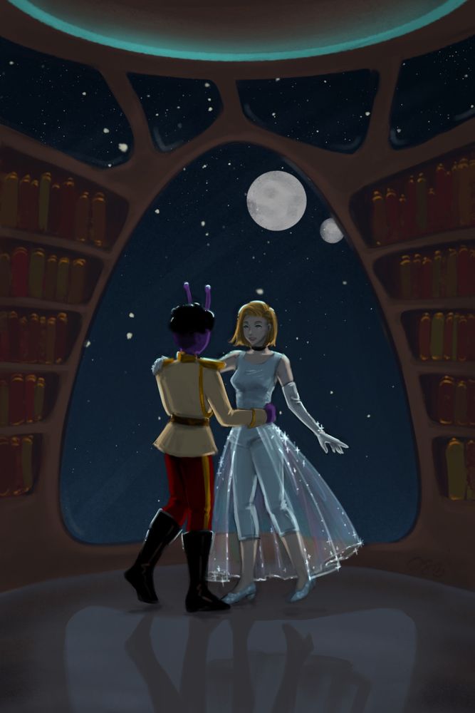 Cinderella (aka 3114) and the prince, dancing in a dim library in front of a large window, through which the stars and two moons are visible. 