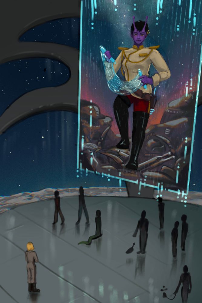 Digital painting of the atrium of a spaceport. A hologram banner hangs from the ceiling, depicting the prince (an alien with purple skin and antennae) wearing a military uniform and holding a scroll, standing on a pile of robots. Cinderella (3114, as she’s known here) stands in the foreground in a drab flight suit, admiring the portrait. 