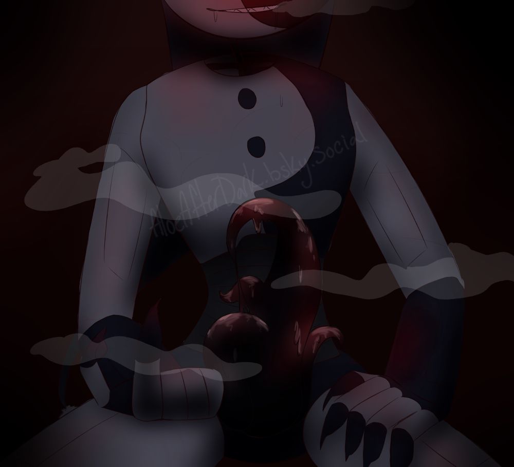 A dark scene of Killcode, seated, making a “come here” gesture towards the camera while his multiple tentacle dicks writhe around. There’s steam surrounding him. 