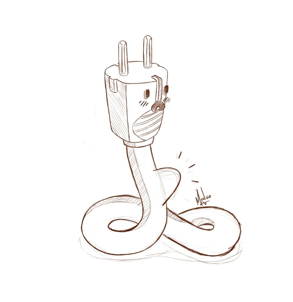 Un enchufe con cara de sorpresa y rubor cuyo cuerpo es un cable que parece estar teniendo una erección 