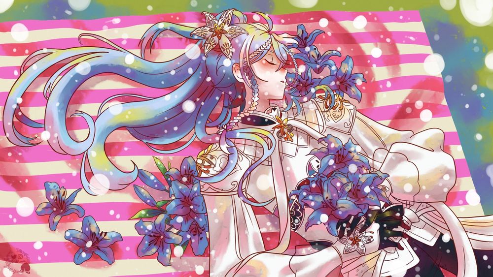 Octavio from holostars en laying on a picnic blanket surrounded by blue lilies 