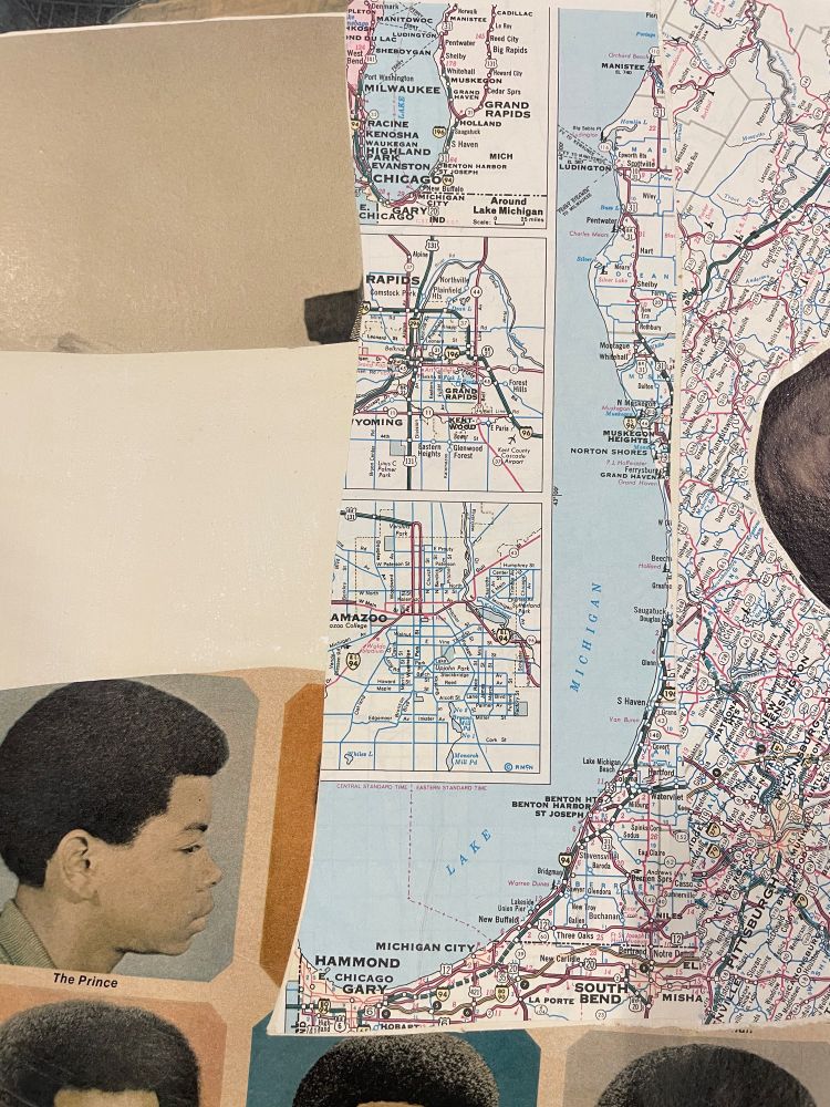 Detail of a section of a map from the collage showing Chicago next to a Black man with a haircut labeled "the prince"