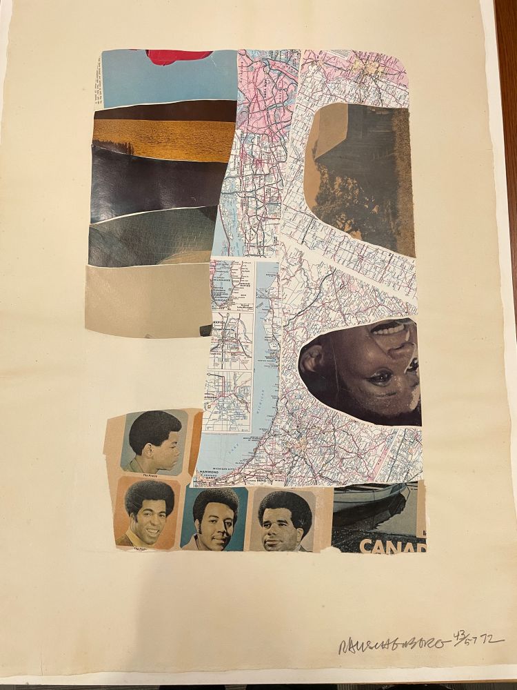 Collage of several road maps surrounded by clippings of magazines showing Black people as well as landscapes