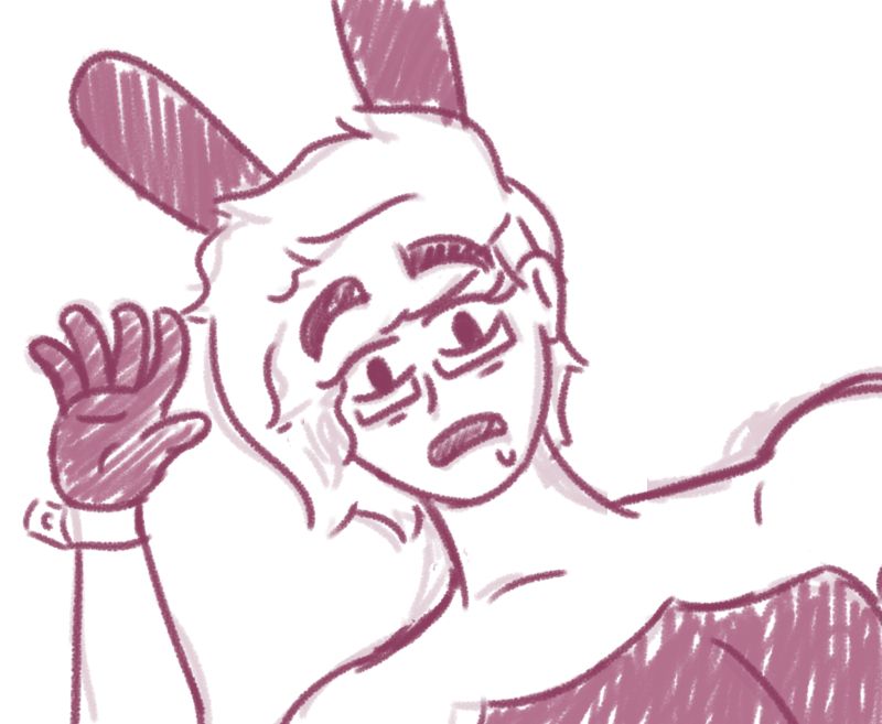 a drawing of noellevanious. the drawing is limited to the voew above her neck. she is dazed and in a supine position, looking down at herself.