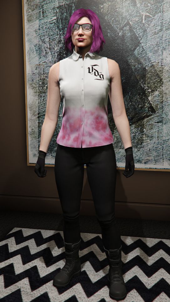 A Full-body screenshot of Noellevanious's player character in GTA Online. She has a pink layered bob haircut, and is wearing a sleeveless white blouse with pink smoke accents, racing gloves, black tights, and black biker boots.