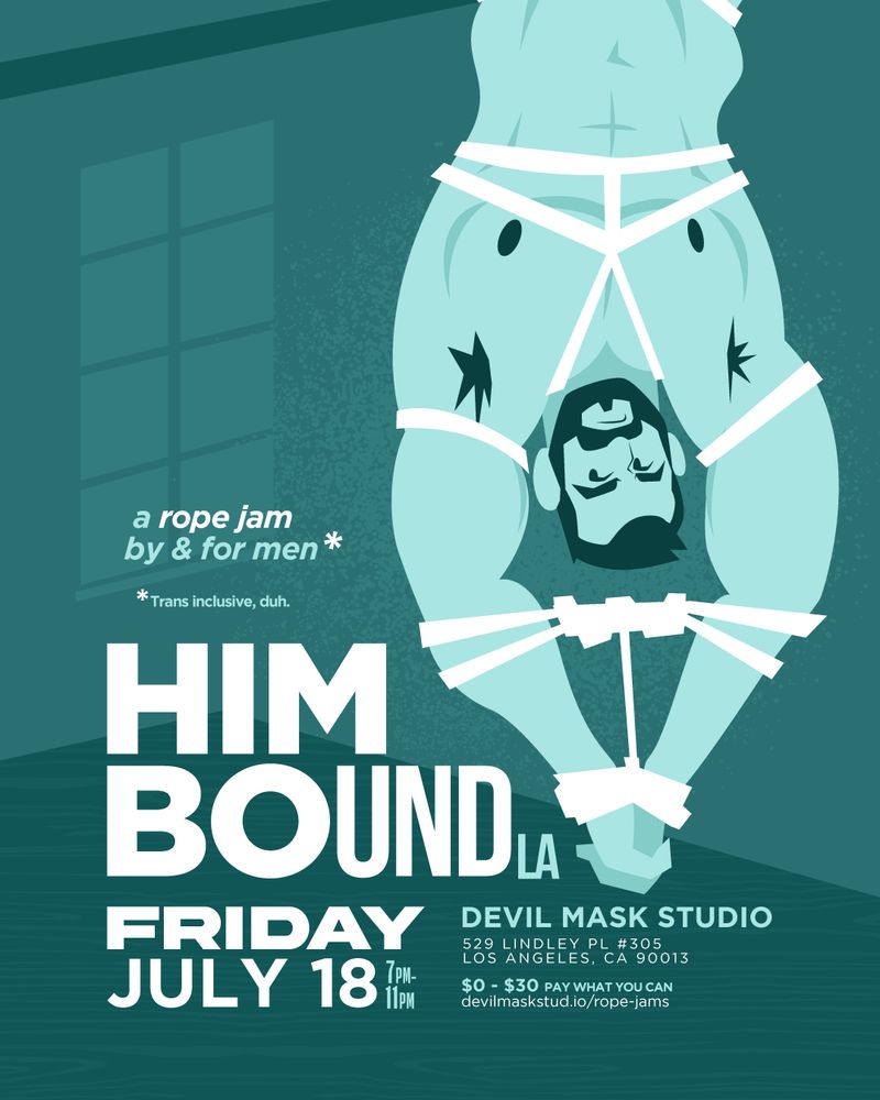 The flyer has Bari, an illustrated character hanging upside down over the text, which is the event details: it’s Friday July 18th at Devil Mask Studio in downtown LA. 