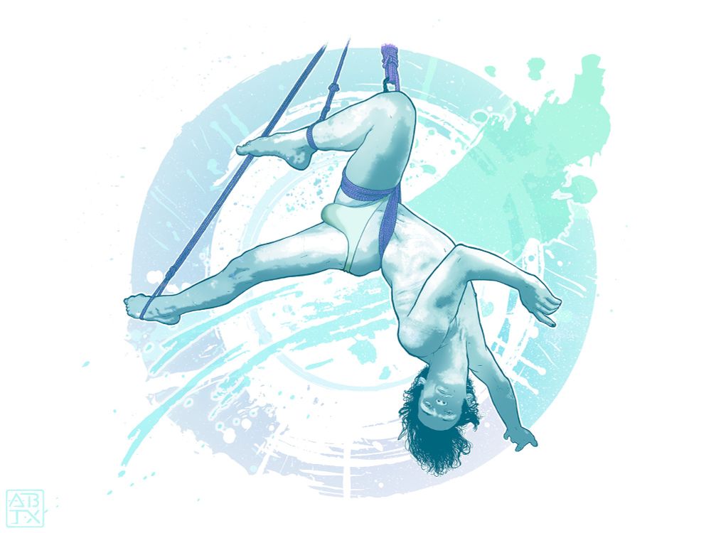 It’s a blue greenish background, and the foreground is a dude who is arching over rope that lifts his wait up, but it’s really his pose - head falling to the ground, hands cast to the side like he doesn’t care - that catches the eye. Also his foot, on the far right side of the image - has some rope on it cause why not. 