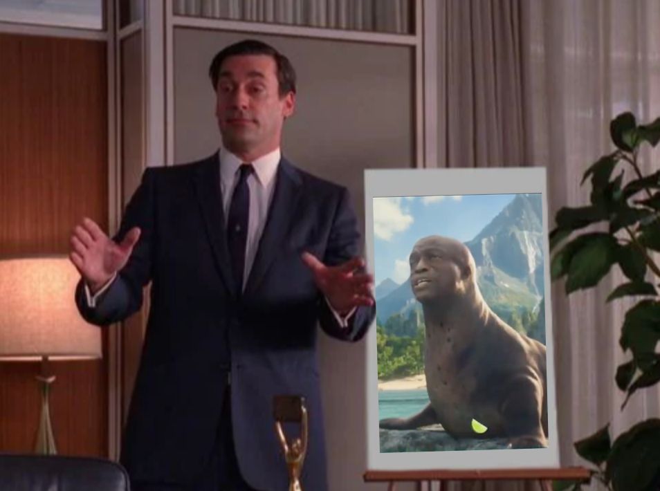 Don Draper proposing Seal the Seal in a Mountain Dew ad.