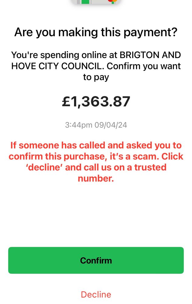 Payment confirmation request showing 'Brighton' spelt 'Brigton' without the letter h.