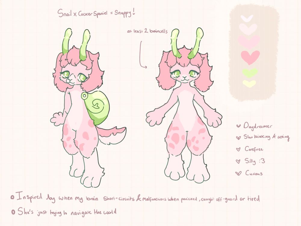 Lychee’s character reference sheet. Her colours are warmer and lighter. I couldn’t not replicate this with my physical art of her due to my limited supplies and skills.