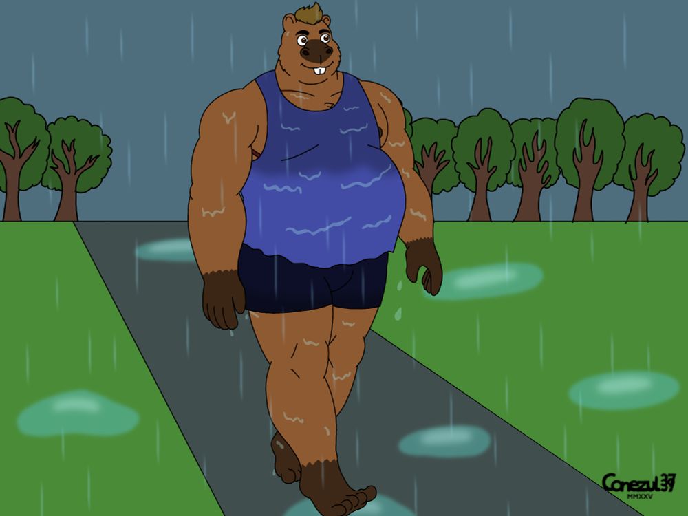 Nicolás, a tall and chubby transmasc capybara walking under the rain, enjoying it. 
