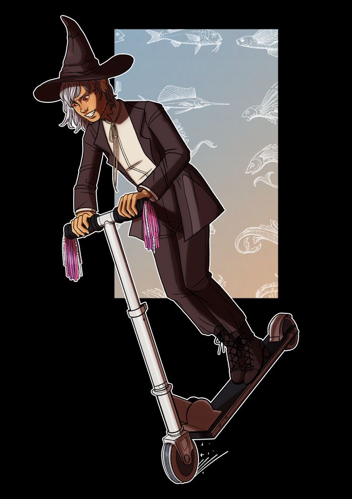 a male witch riding a razor scooter with pink tassels on the handlebars. he is performing a reckless stun and trying to balance the scooter on the front wheel. dont do this.