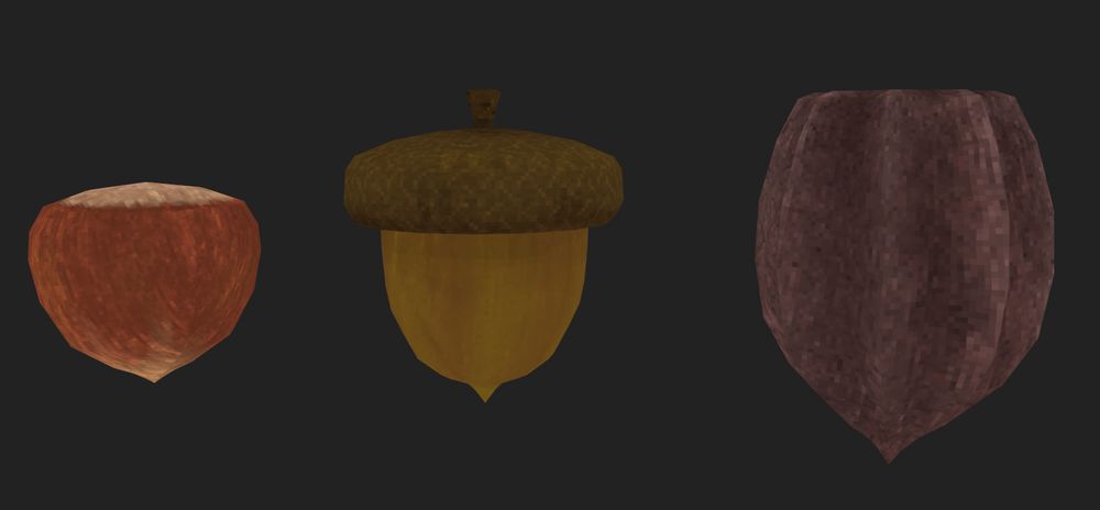 low-poly 3d renders of a hazelnut, acorn, and butternut. the butternut is inaccurate and off-model. 