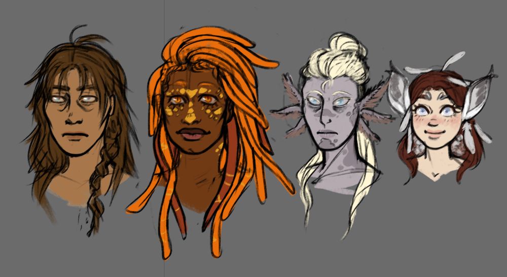 four portaits, from left to right a human person with brown skin and hair, and dark brown skinned woman with gold scales accross her nose and bright orange locs. the third portrait is a grey skinned man with long platinum blonde hair and axolotl gills, and the last is a pale skinned woman with straight brown hair and white rabbit ears