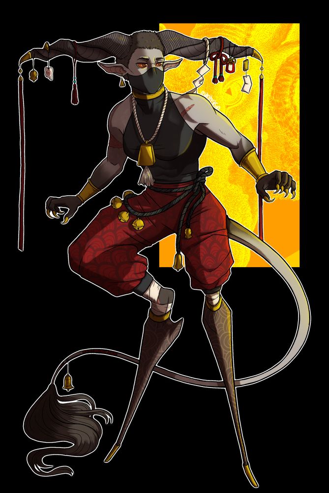 a grey-skinned character with horns. her legs have wooden prosthetics and her horns are adorned with ornaments. she is crouched in anticipation.