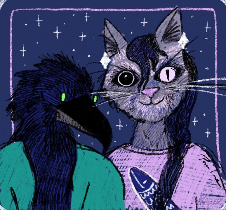 A portrait of two characters by J-Mistletoe on artfight. One is a crow with green glowing eyes and a greenish blue jacket. The other is a cat with a dark braid, a purple shirt with a fish motive and missmatched eyes. The right pupil is wide open while the left is only a thin line. 
